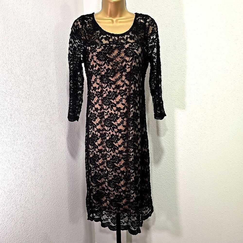 Black Lace Midi Dress M Lined Whimsigoth Dark Romance Classic Timeless Cocktail